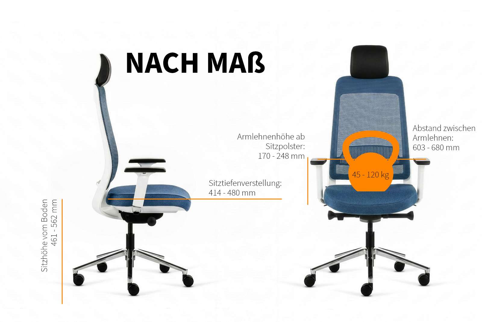 Inwerk Teamo® Original Plus - Bürostuhl mit Kopfstütze, Weiß/Blau