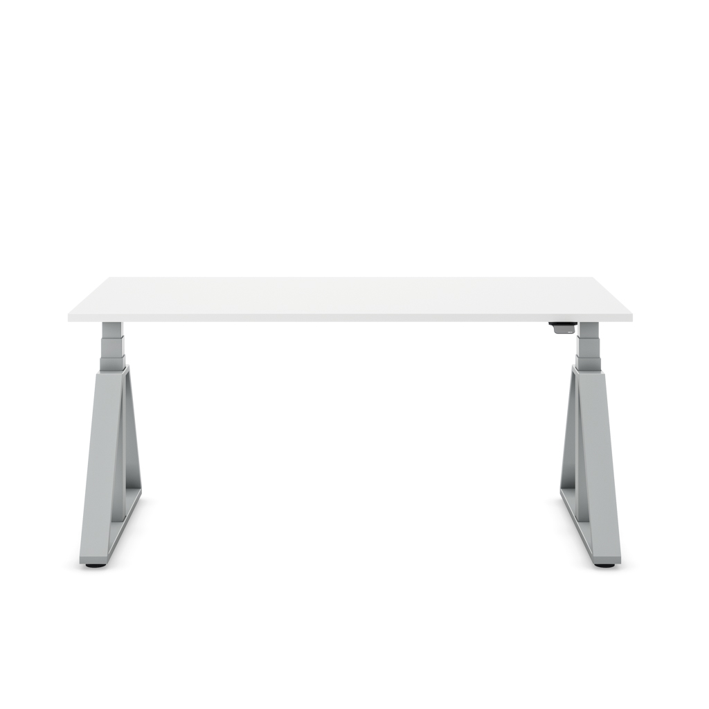 Höhenverstellbarer Schreibtisch Masterlift® Flex Loop-Edition, Stahl Trapez, Weiss Dekor/Silber 140x80