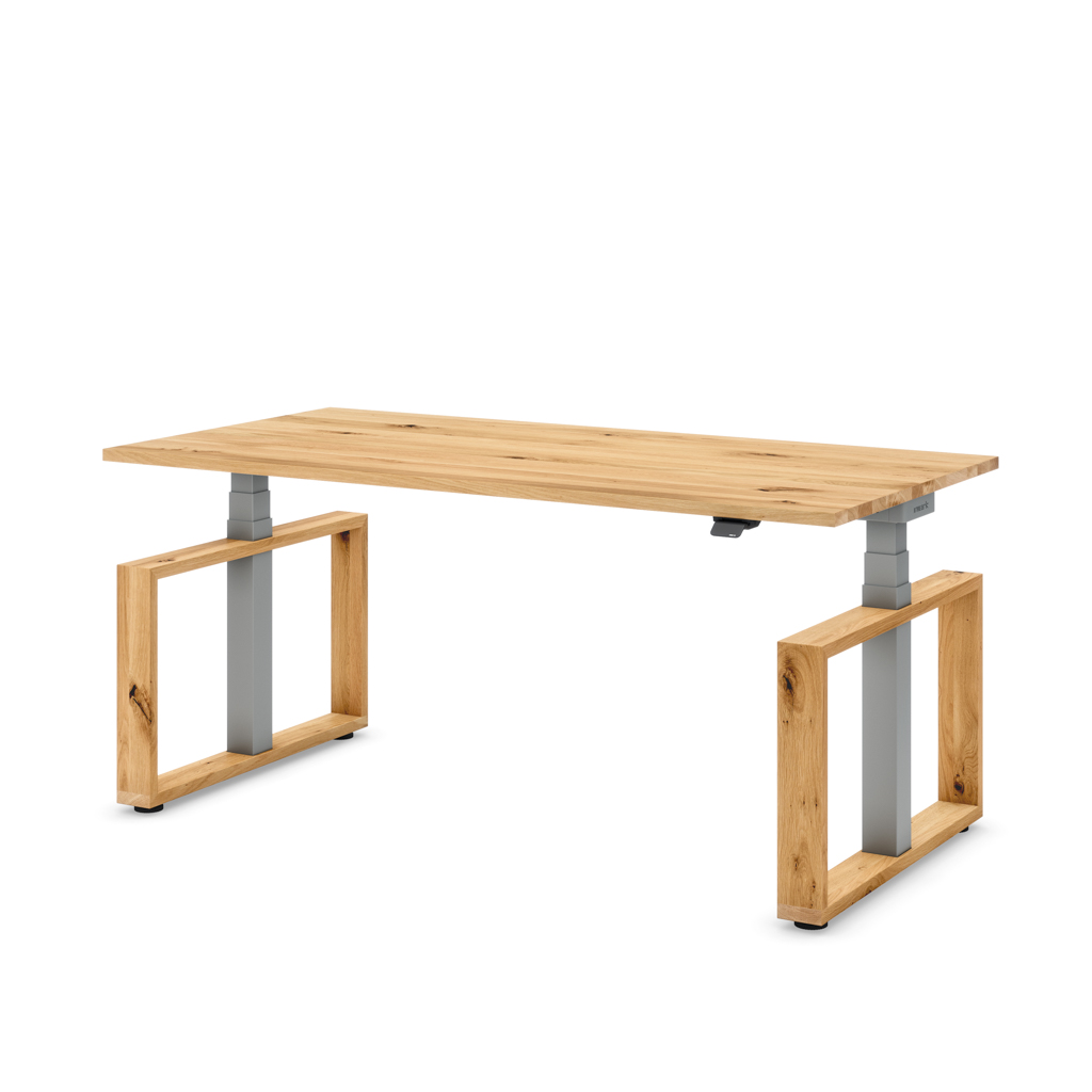 Höhenverstellbarer Schreibtisch Masterlift® Flex Loop-Edition, Holz Rechteck, Eiche Massivholz/Silber 160x80