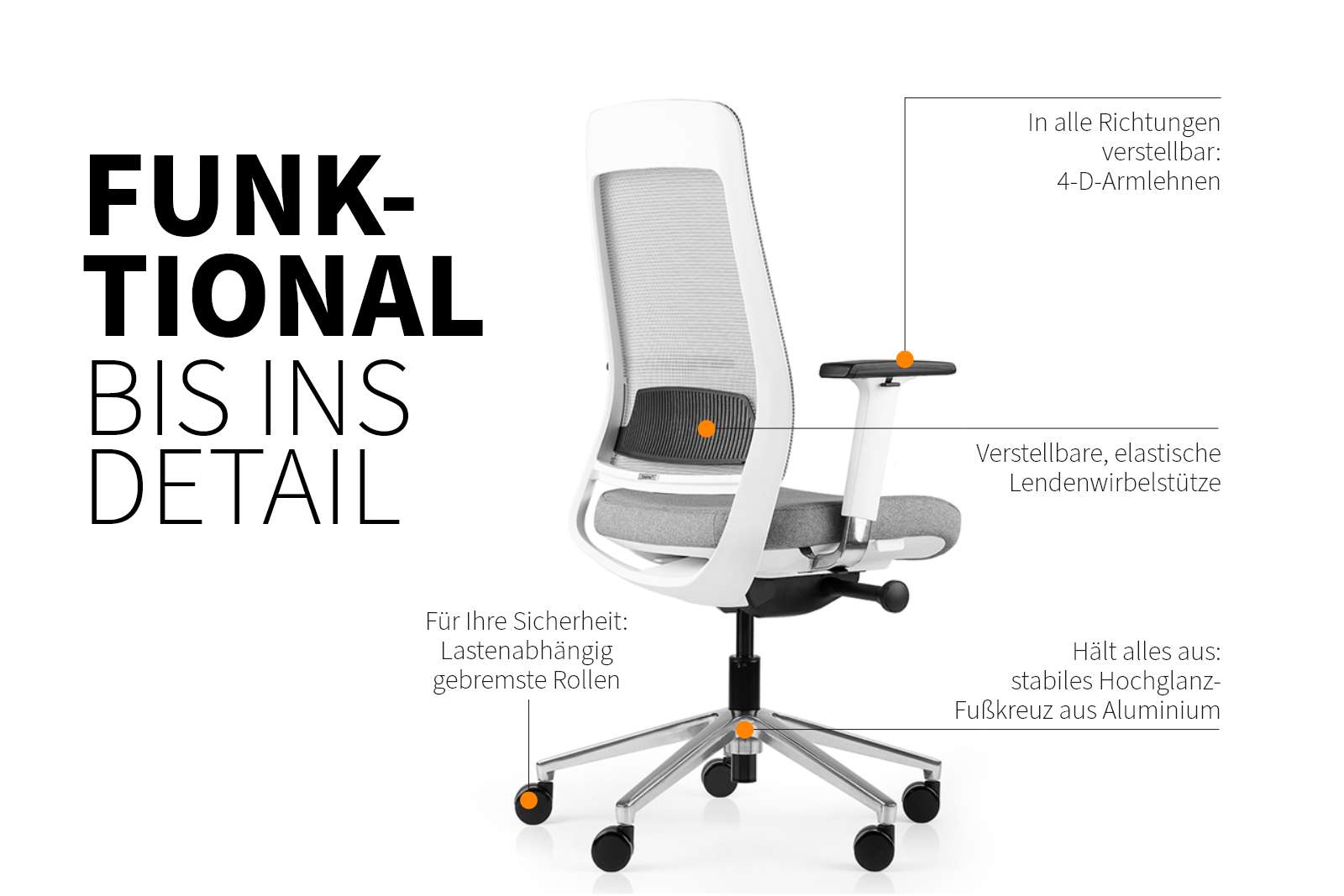 Inwerk Teamo® Original - Ergonomischer Bürostuhl, Weiß/Grau