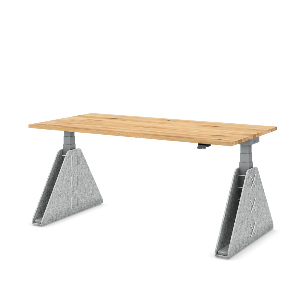 Höhenverstellbarer Schreibtisch Masterlift® Flex Akustix®-Edition, Trapez Hellgrau, Eiche Massivholz/Silber 180x80