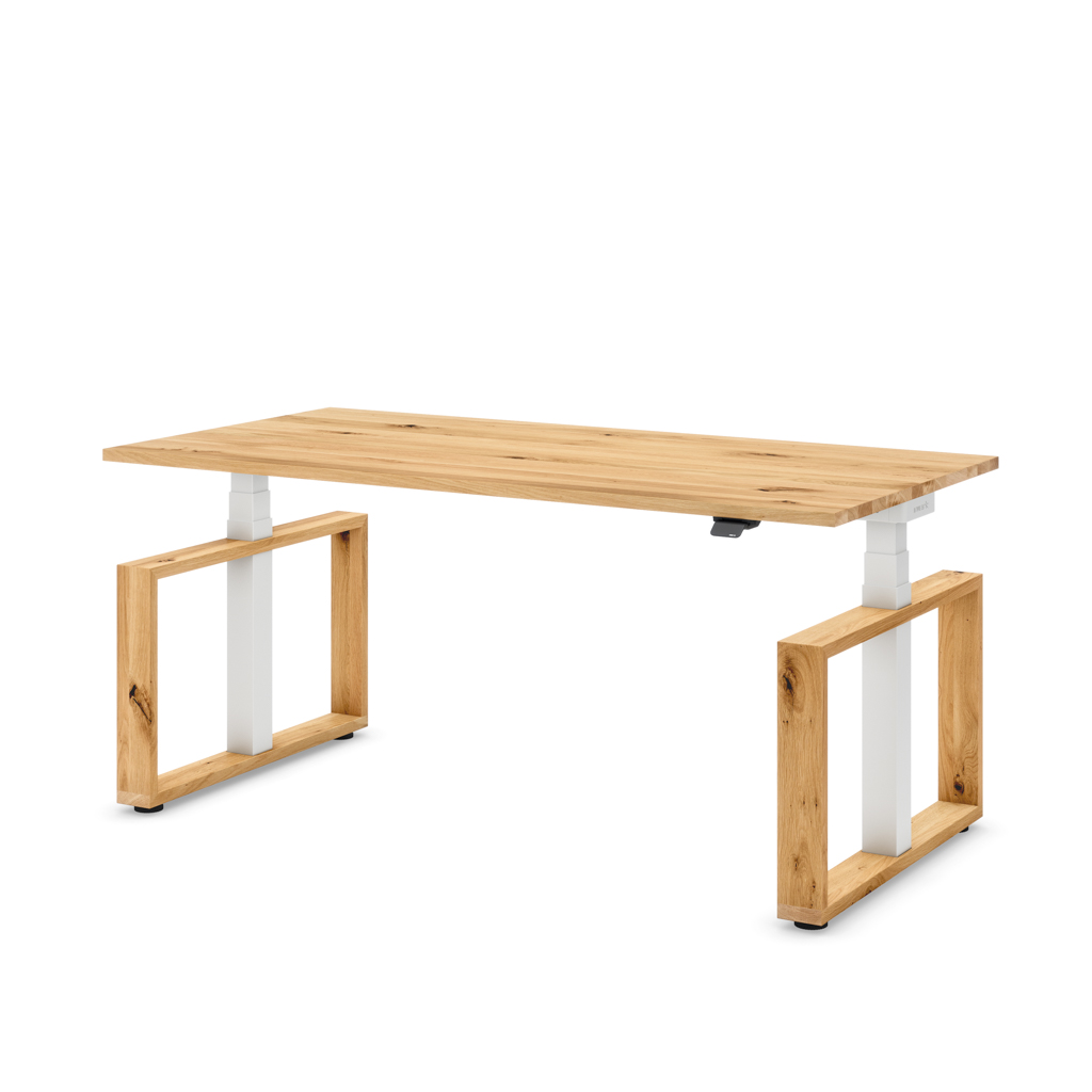 Höhenverstellbarer Schreibtisch Masterlift® Flex Loop-Edition, Holz Rechteck, Eiche Massivholz/Weiss 180x80