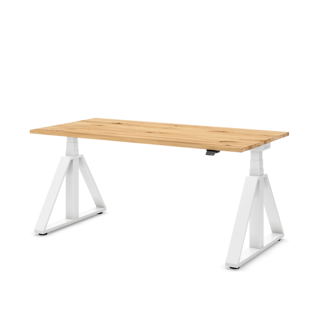 Höhenverstellbarer Schreibtisch Masterlift® Flex Loop-Edition, Stahl Trapez, Eiche Massivholz/Weiss 180x80