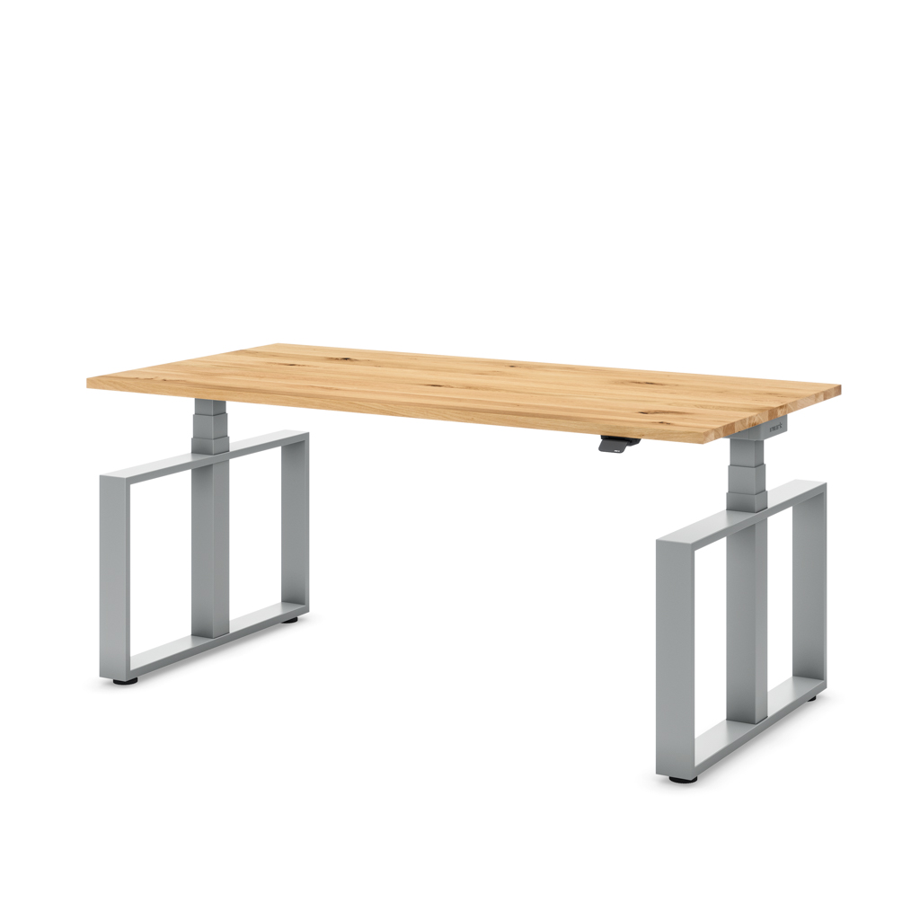 Höhenverstellbarer Schreibtisch Masterlift® Flex Loop-Edition, Stahl Rechteck, Eiche Massivholz/Silber 180x80