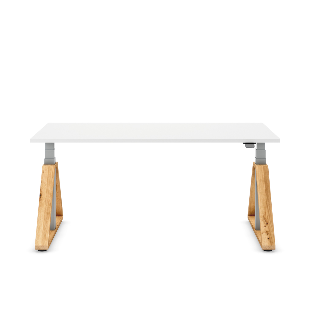 Höhenverstellbarer Schreibtisch Masterlift® Flex Loop-Edition, Holz Trapez, Weiss Dekor/Silber 120x80