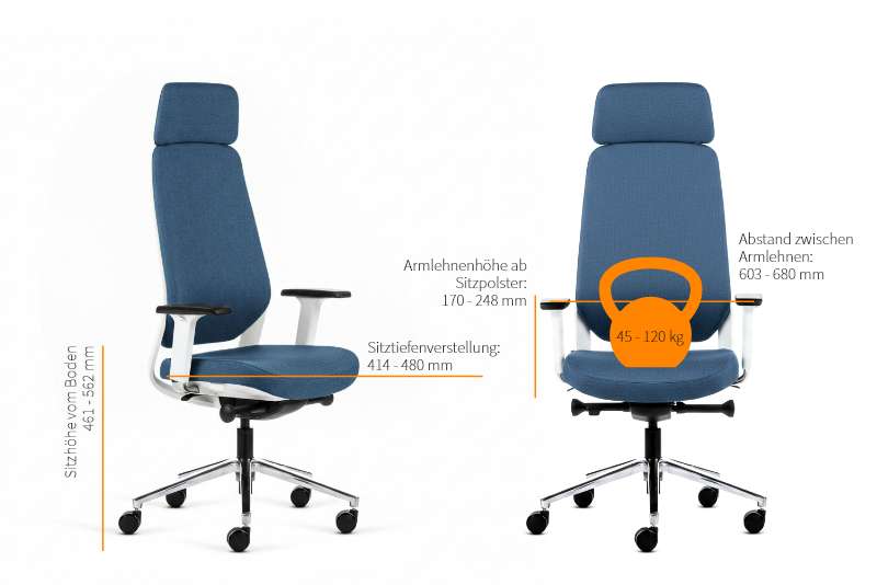 Teamo® Plush Plus - Ergonomischer Bürostuhl mit Kopfstütze, Vollpolster, Weiss/Blau