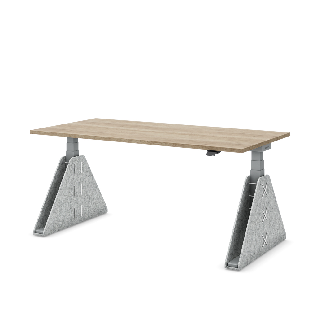 Höhenverstellbarer Schreibtisch Masterlift® Flex Akustix®-Edition, Trapez Hellgrau, Eiche Dekor/Silber 180x80