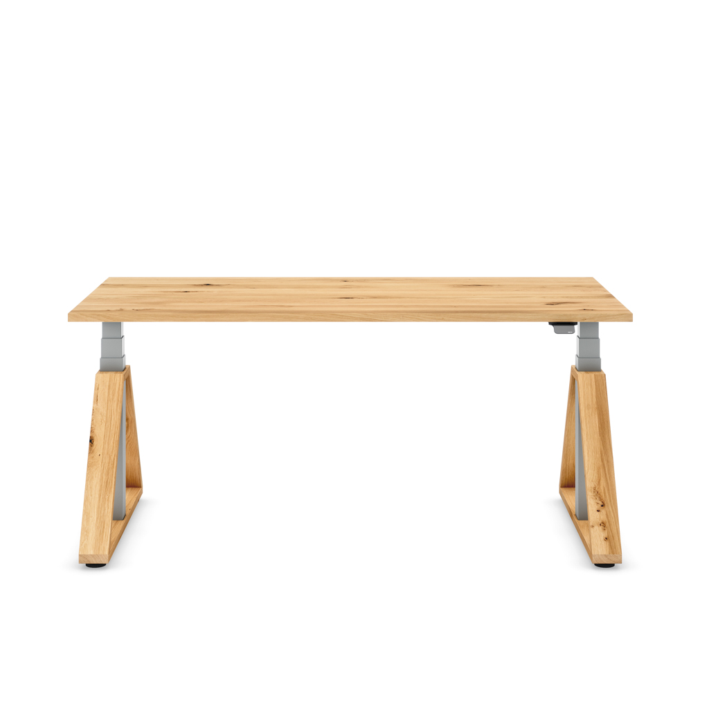 Höhenverstellbarer Schreibtisch Masterlift® Flex Loop-Edition, Holz Trapez, Eiche Massivholz/Silber 180x80