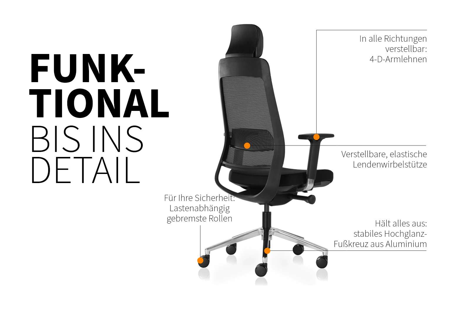 Inwerk Teamo® Original Plus - Bürostuhl mit Kopfstütze, Schwarz