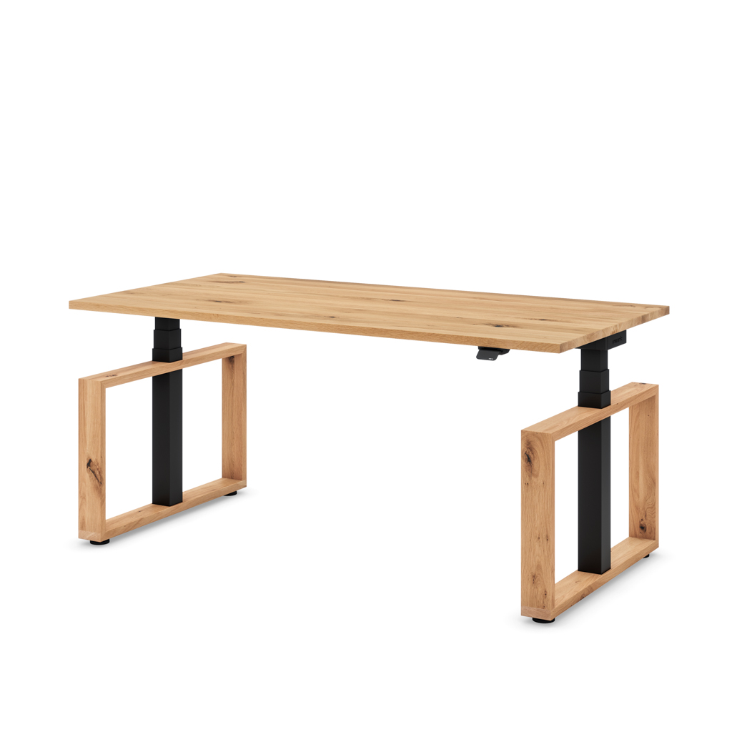 Höhenverstellbarer Schreibtisch Masterlift® Flex Loop-Edition, Holz Rechteck, Eiche Massivholz/Schwarz 160x80