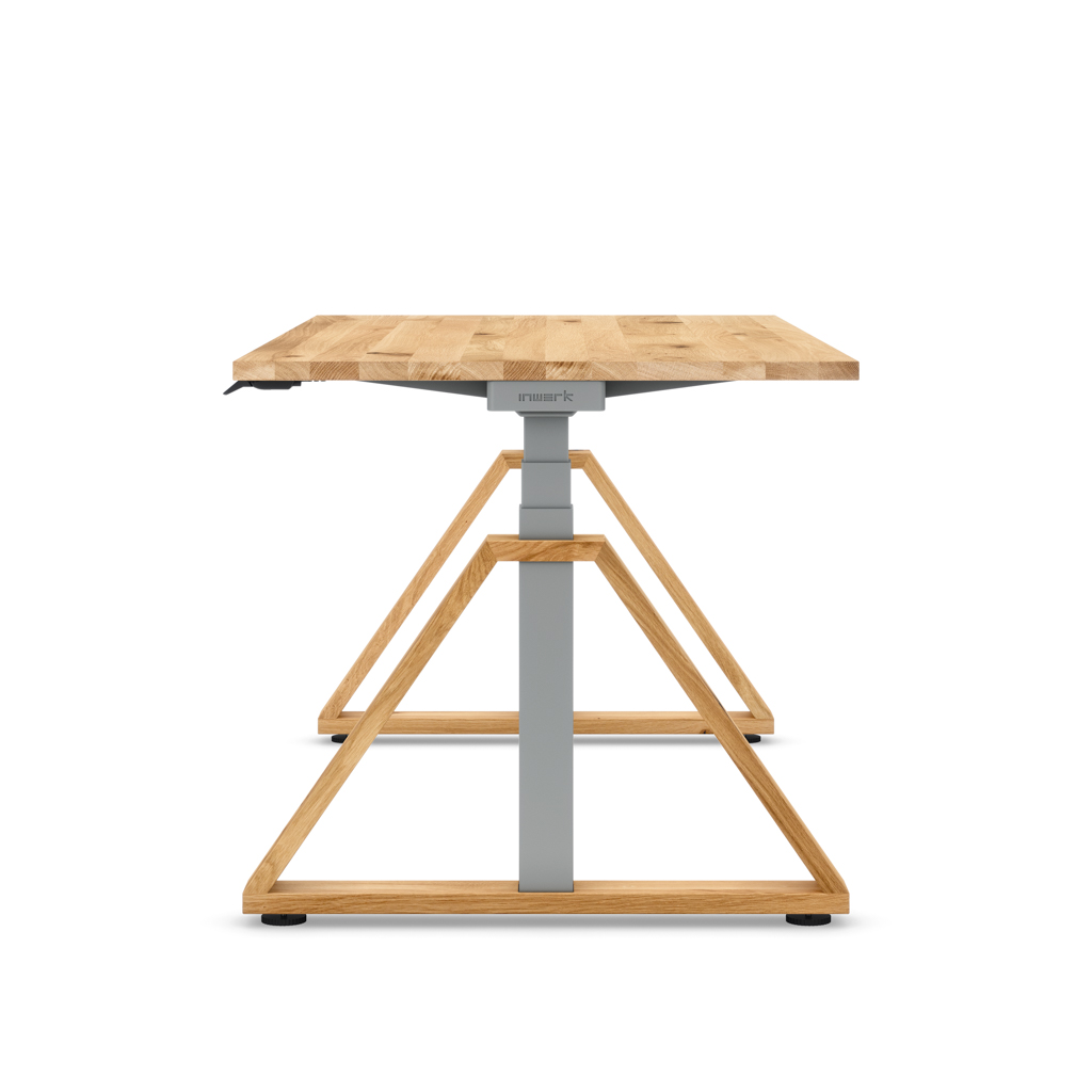 Höhenverstellbarer Schreibtisch Masterlift® Flex Loop-Edition, Holz Trapez, Eiche Massivholz/Silber 180x80