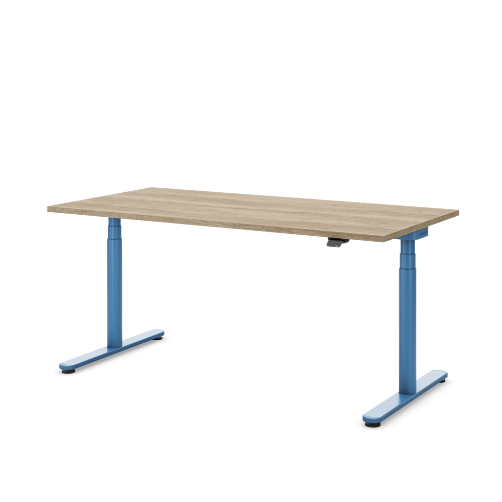 Höhenverstellbarer Schreibtisch Masterlift® Flex Basic rund, Eiche Dekor/Brillantblau 180x80