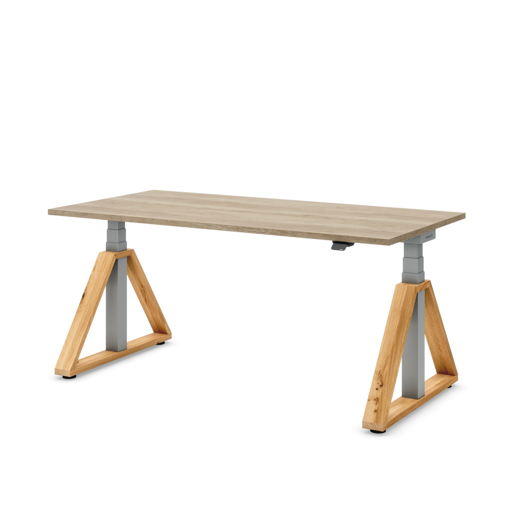 Höhenverstellbarer Schreibtisch Masterlift® Flex Loop-Edition, Holz Trapez, Eiche Dekor/Silber 180x80