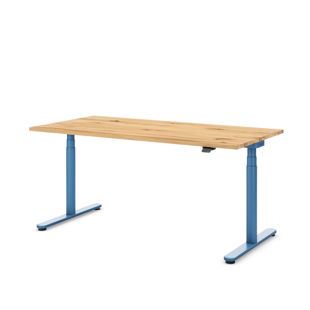 Höhenverstellbarer Schreibtisch Masterlift® Flex Basic rund, Eiche Massivholz/Brillantblau 180x80