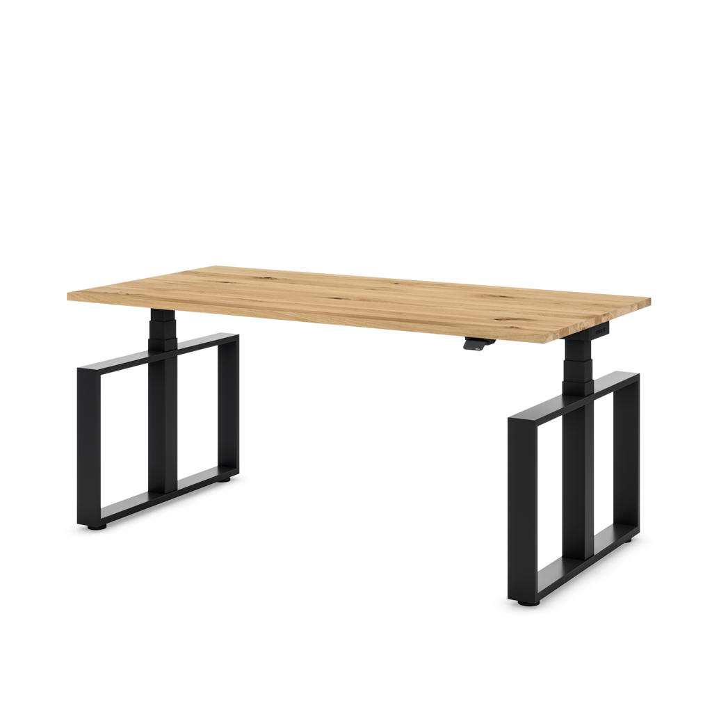 Höhenverstellbarer Schreibtisch Masterlift® Flex Loop-Edition, Stahl Rechteck, Eiche Massivholz/Schwarz 160x80