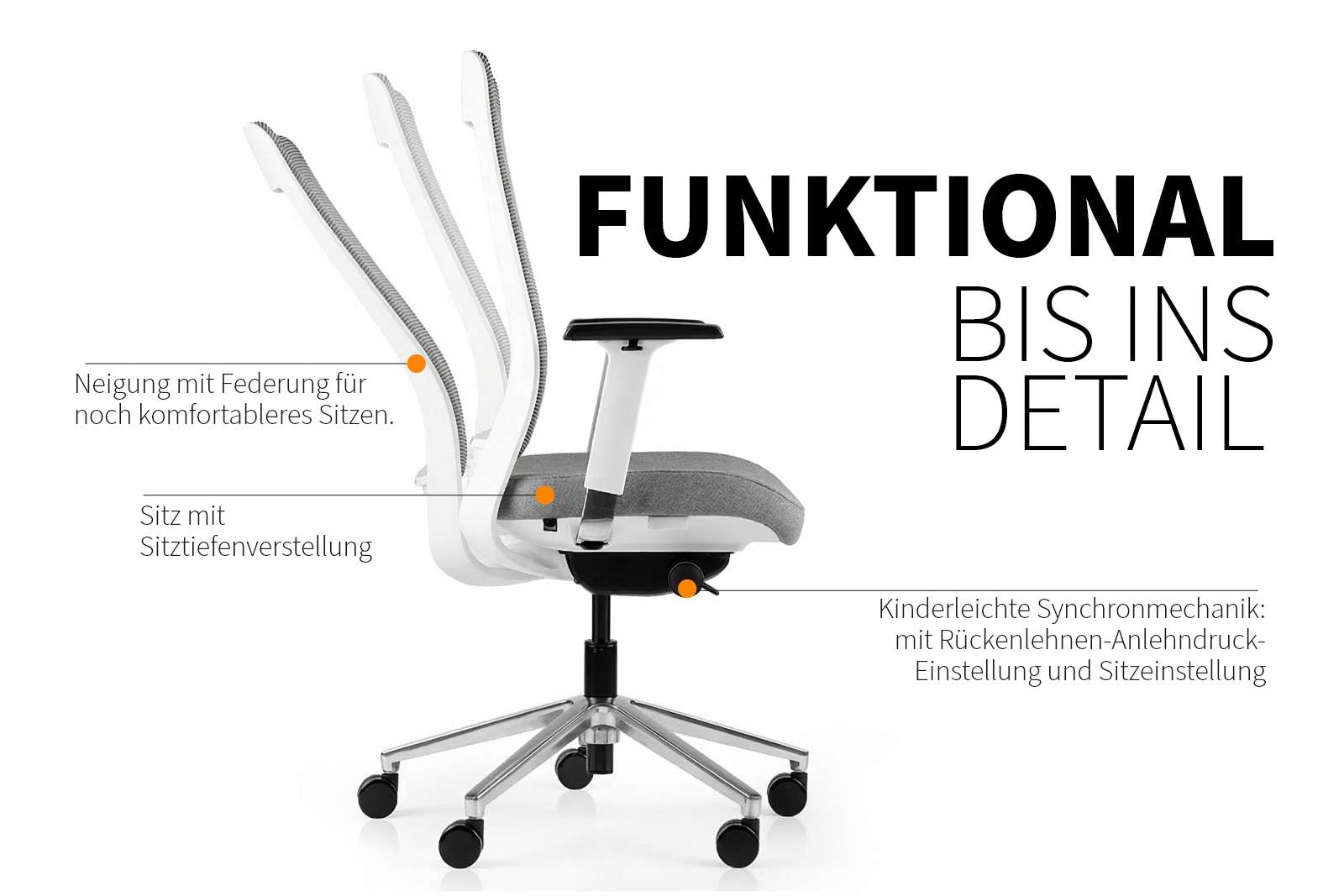Inwerk Teamo® Original - Ergonomischer Bürostuhl, Weiss/Grau