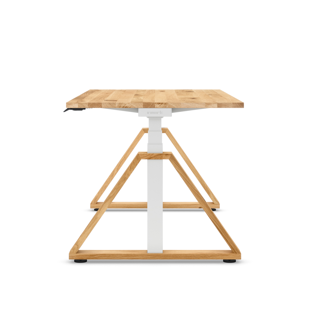 Höhenverstellbarer Schreibtisch Masterlift® Flex Loop-Edition, Holz Trapez, Eiche Massivholz/Weiss 180x80