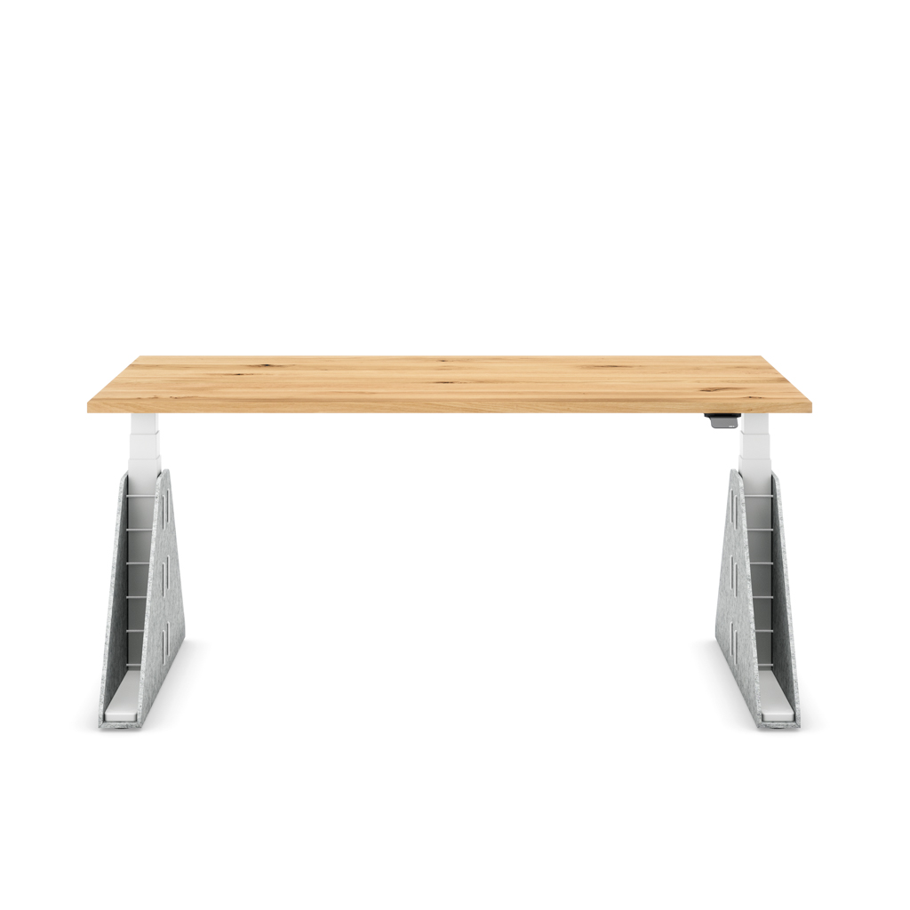 Höhenverstellbarer Schreibtisch Masterlift® Flex Akustix®-Edition, Trapez Hellgrau, Eiche Massivholz/Weiss 160x80