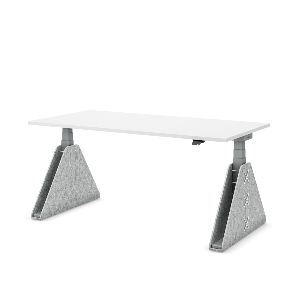 Höhenverstellbarer Schreibtisch Masterlift® Flex Akustix®-Edition, Trapez Hellgrau, Weiss Dekor/Silber 160x80