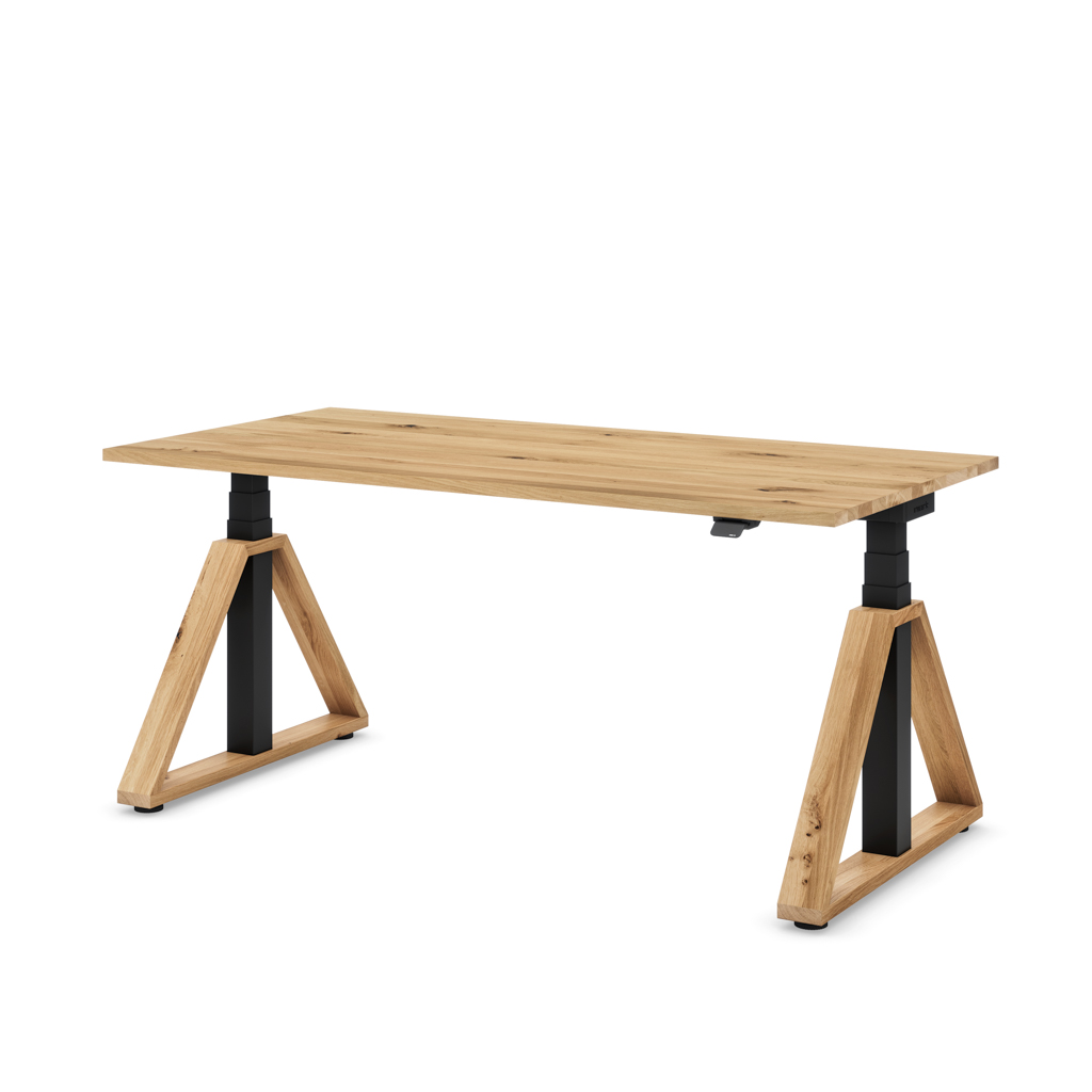 Höhenverstellbarer Schreibtisch Masterlift® Flex Loop-Edition, Holz Trapez, Eiche Massivholz/Schwarz 160x80