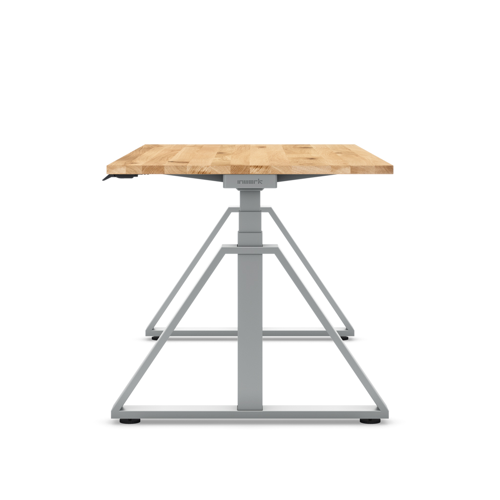 Höhenverstellbarer Schreibtisch Masterlift® Flex Loop-Edition, Stahl Trapez, Eiche Massivholz/Silber 160x80