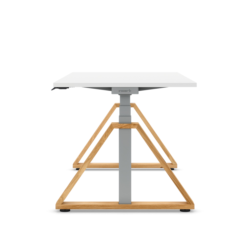 Höhenverstellbarer Schreibtisch Masterlift® Flex Loop-Edition, Holz Trapez, Weiss Dekor/Silber 120x80