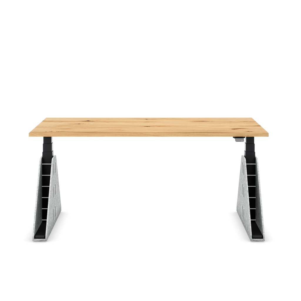 Höhenverstellbarer Schreibtisch Masterlift® Flex Akustix®-Edition, Trapez Hellgrau, Eiche Massivholz/Schwarz 160x80