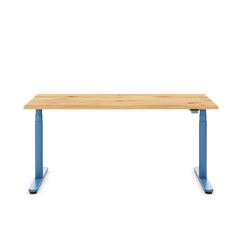 Höhenverstellbarer Schreibtisch Masterlift® Flex Basic rund, Eiche Massivholz/Brillantblau 180x80