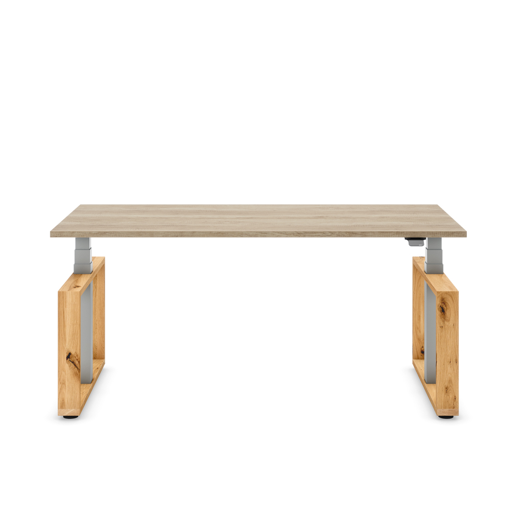 Höhenverstellbarer Schreibtisch Masterlift® Flex Loop-Edition, Holz Rechteck, Eiche Dekor/Silber 180x80