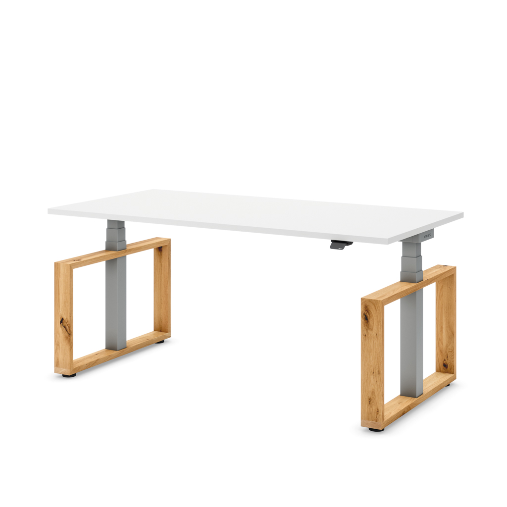 Höhenverstellbarer Schreibtisch Masterlift® Flex Loop-Edition, Holz Rechteck, Weiss Dekor/Silber 160x80
