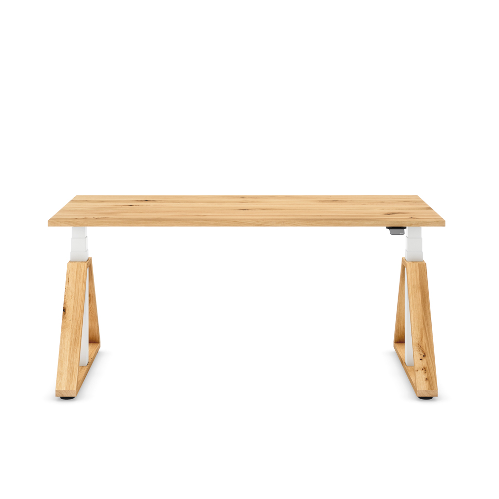 Höhenverstellbarer Schreibtisch Masterlift® Flex Loop-Edition, Holz Trapez, Eiche Massivholz/Weiss 180x80