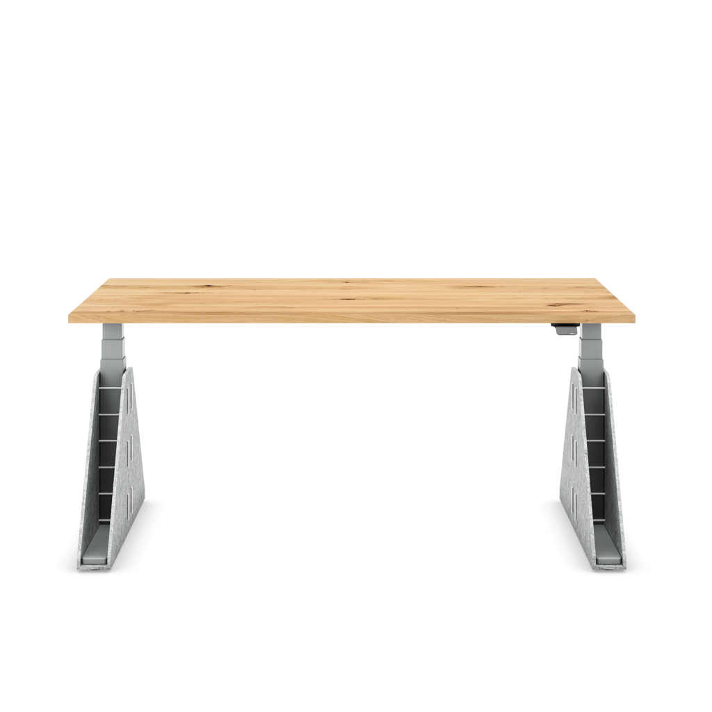 Höhenverstellbarer Schreibtisch Masterlift® Flex Akustix®-Edition, Trapez Hellgrau, Eiche Massivholz/Silber 180x80