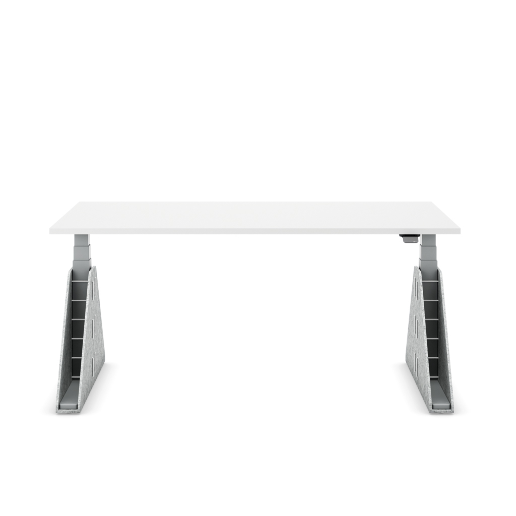 Höhenverstellbarer Schreibtisch Masterlift® Flex Akustix®-Edition, Trapez Hellgrau, Weiss Dekor/Silber 160x80