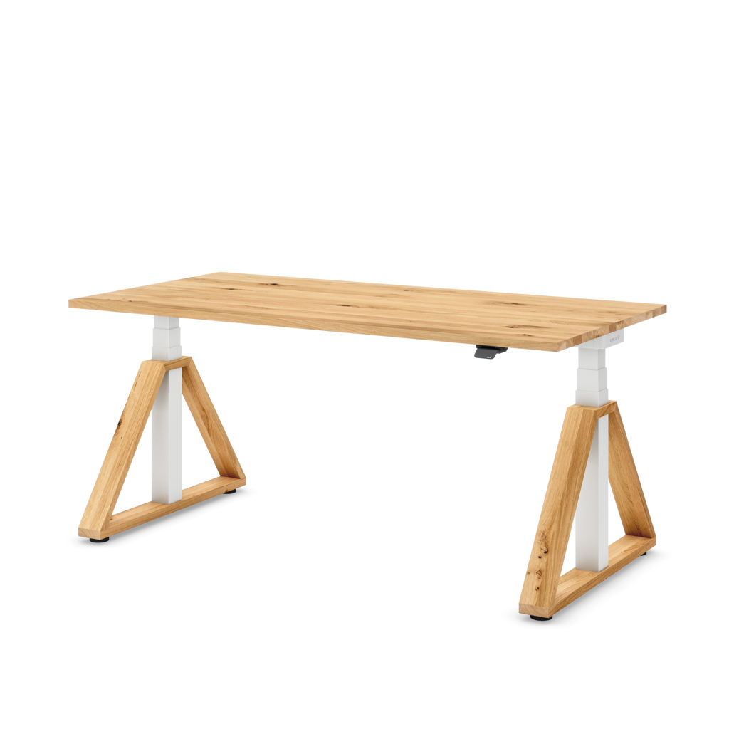 Höhenverstellbarer Schreibtisch Masterlift® Flex Loop-Edition, Holz Trapez, Eiche Massivholz/Weiss 180x80