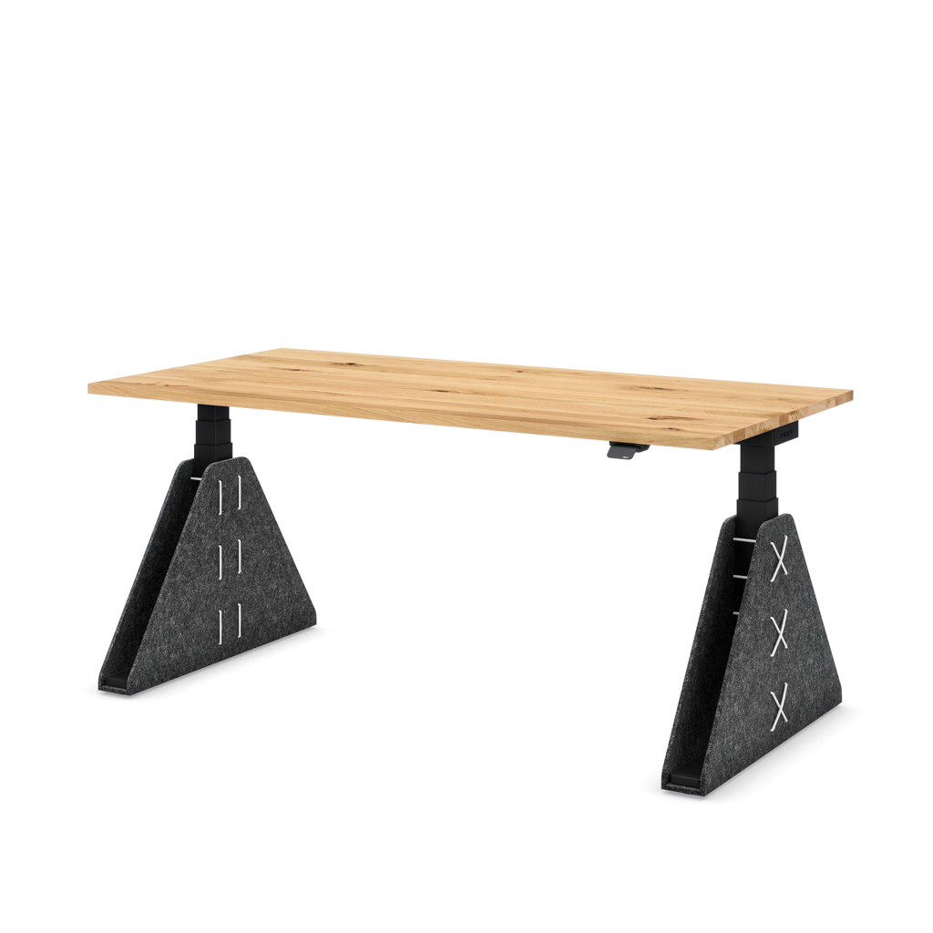 Höhenverstellbarer Schreibtisch Masterlift® Flex Akustix®-Edition, Trapez Dunkelgrau, Eiche Massivholz/Schwarz 160x80