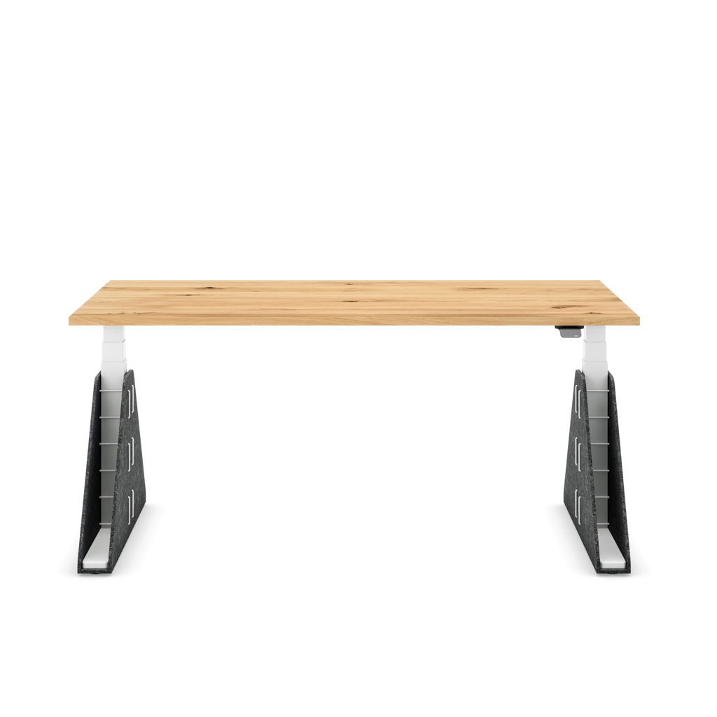 Höhenverstellbarer Schreibtisch Masterlift® Flex Akustix®-Edition, Trapez Dunkelgrau, Eiche Massivholz/Weiss 180x80