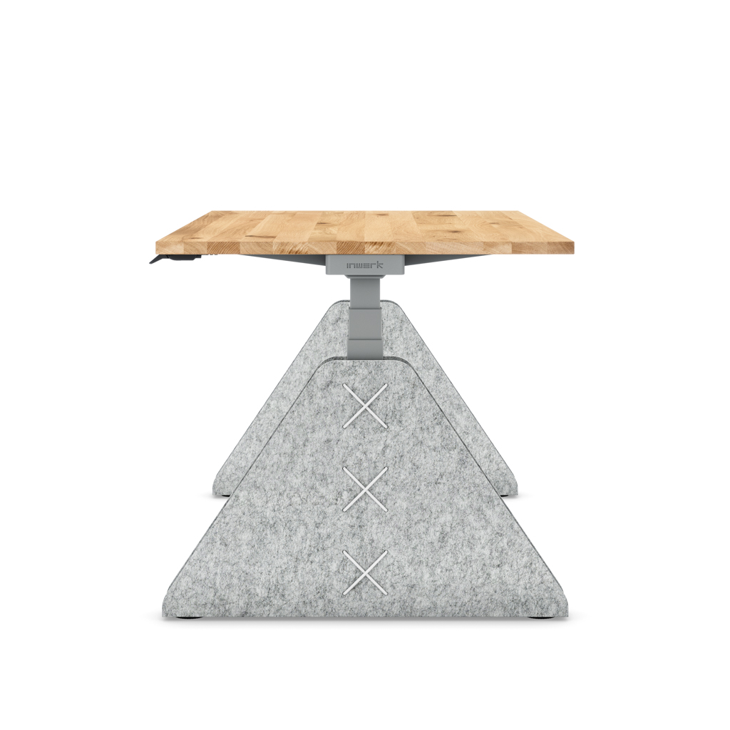 Höhenverstellbarer Schreibtisch Masterlift® Flex Akustix®-Edition, Trapez Hellgrau, Eiche Massivholz/Silber 180x80