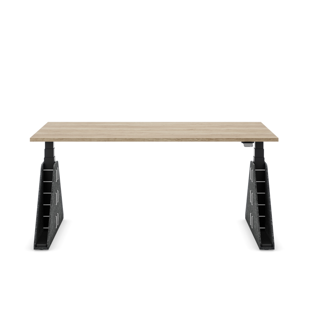 Höhenverstellbarer Schreibtisch Masterlift® Flex Akustix®-Edition, Trapez Dunkelgrau, Eiche Dekor/Schwarz 180x80