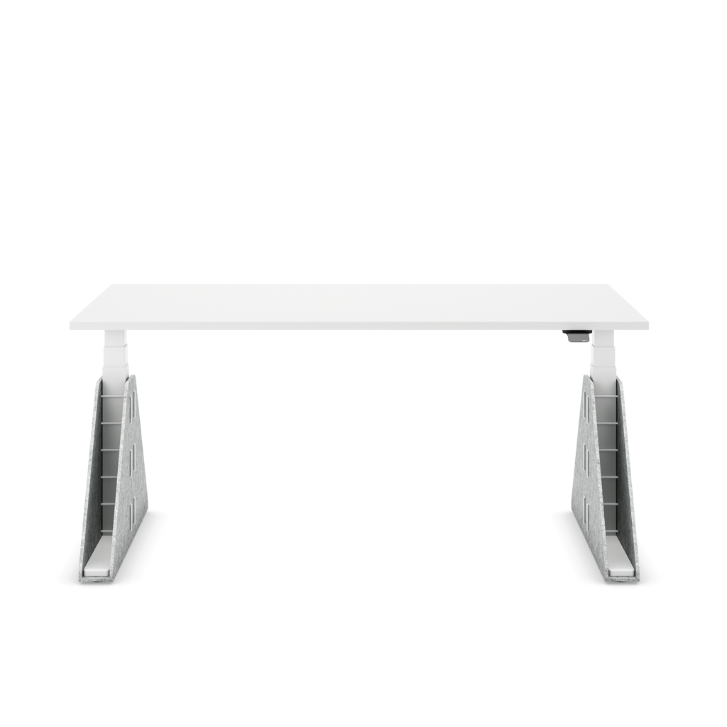 Höhenverstellbarer Schreibtisch Masterlift® Flex Akustix®-Edition, Trapez Hellgrau, Weiss Dekor/Weiss 200x80