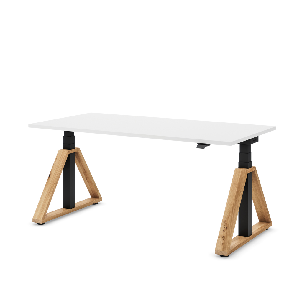 Höhenverstellbarer Schreibtisch Masterlift® Flex Loop-Edition, Holz Trapez, Weiss Dekor/Schwarz 140x80