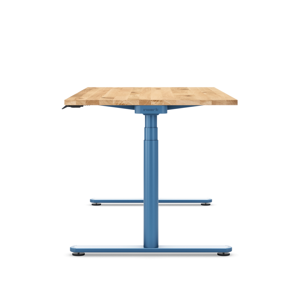 Höhenverstellbarer Schreibtisch Masterlift® Flex Basic rund, Eiche Massivholz/Brillantblau 180x80