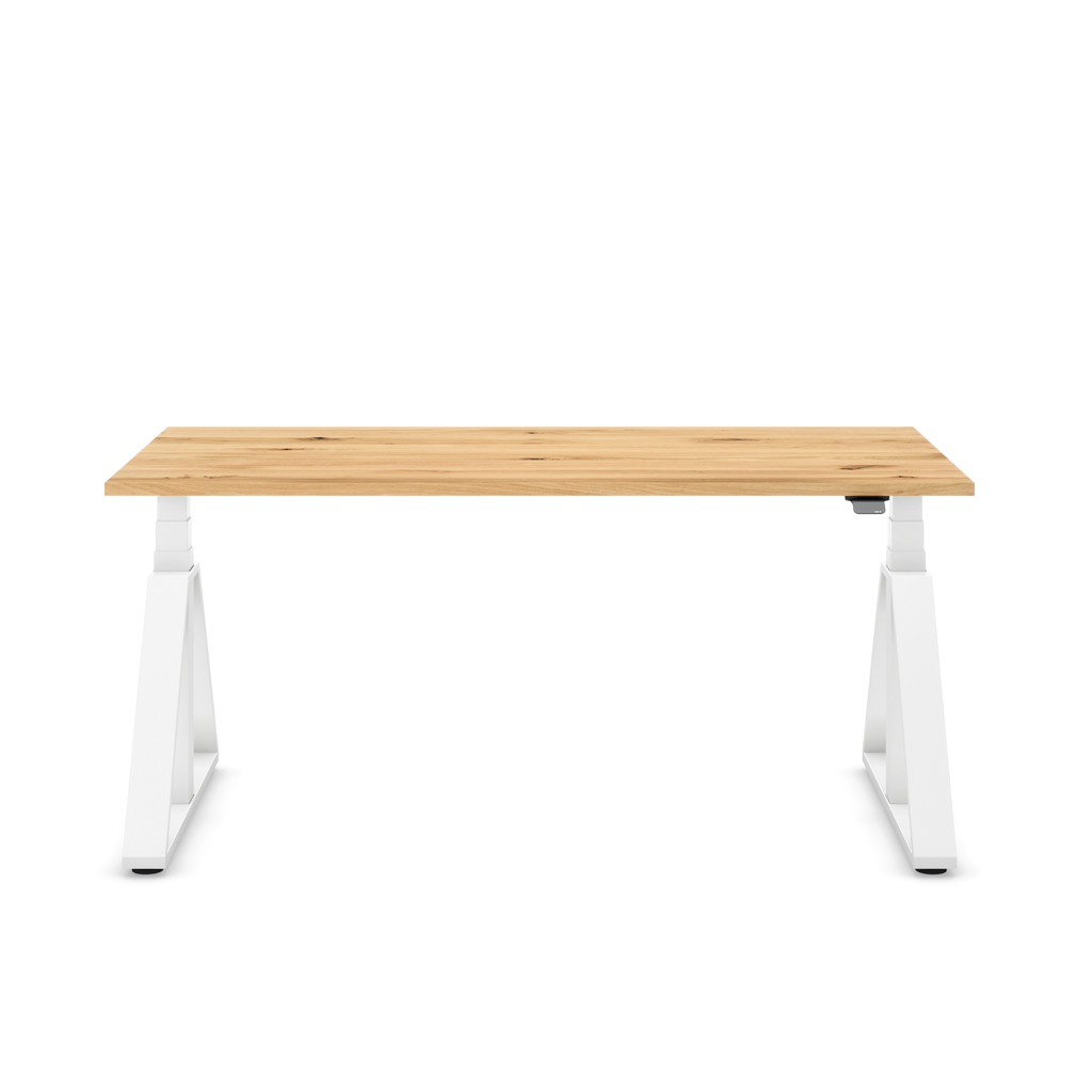 Höhenverstellbarer Schreibtisch Masterlift® Flex Loop-Edition, Stahl Trapez, Eiche Massivholz/Weiss 180x80