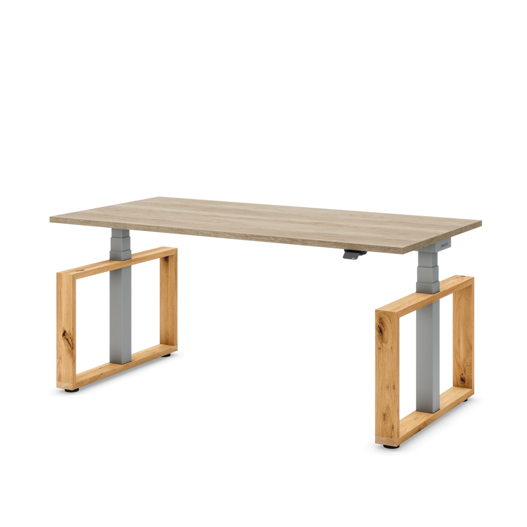 Höhenverstellbarer Schreibtisch Masterlift® Flex Loop-Edition, Holz Rechteck, Eiche Dekor/Silber 180x80