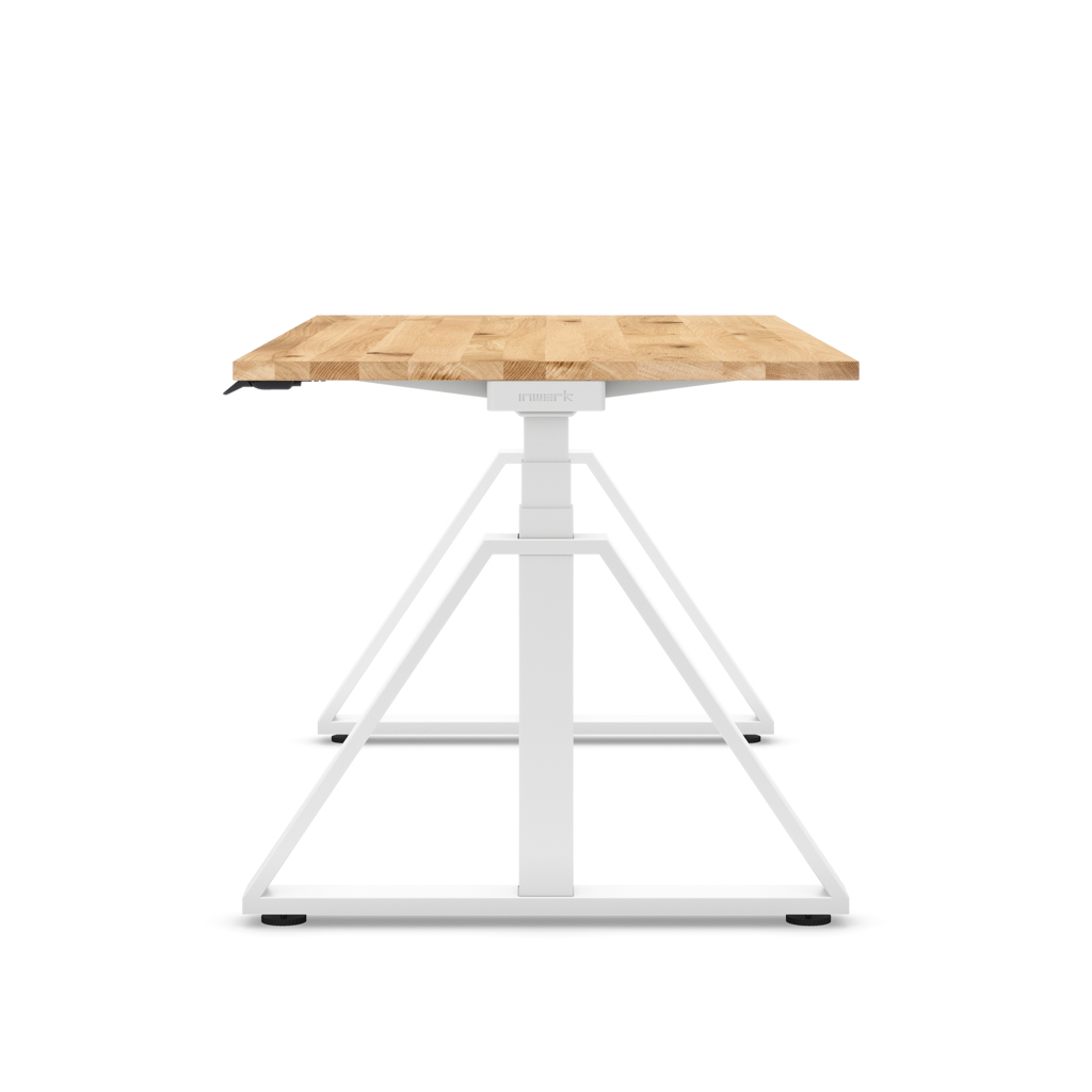 Höhenverstellbarer Schreibtisch Masterlift® Flex Loop-Edition, Stahl Trapez, Eiche Massivholz/Weiss 180x80