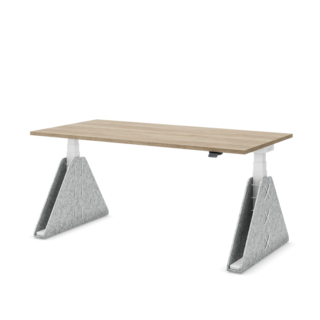 Höhenverstellbarer Schreibtisch Masterlift® Flex Akustix®-Edition, Trapez Hellgrau, Eiche Dekor/Weiss 180x80