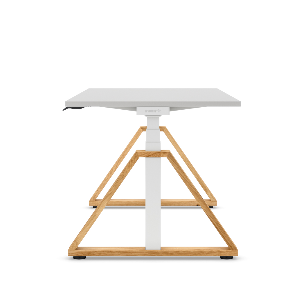 Höhenverstellbarer Schreibtisch Masterlift® Flex Loop-Edition, Holz Trapez, Lichtgrau Dekor/Weiss 180x80