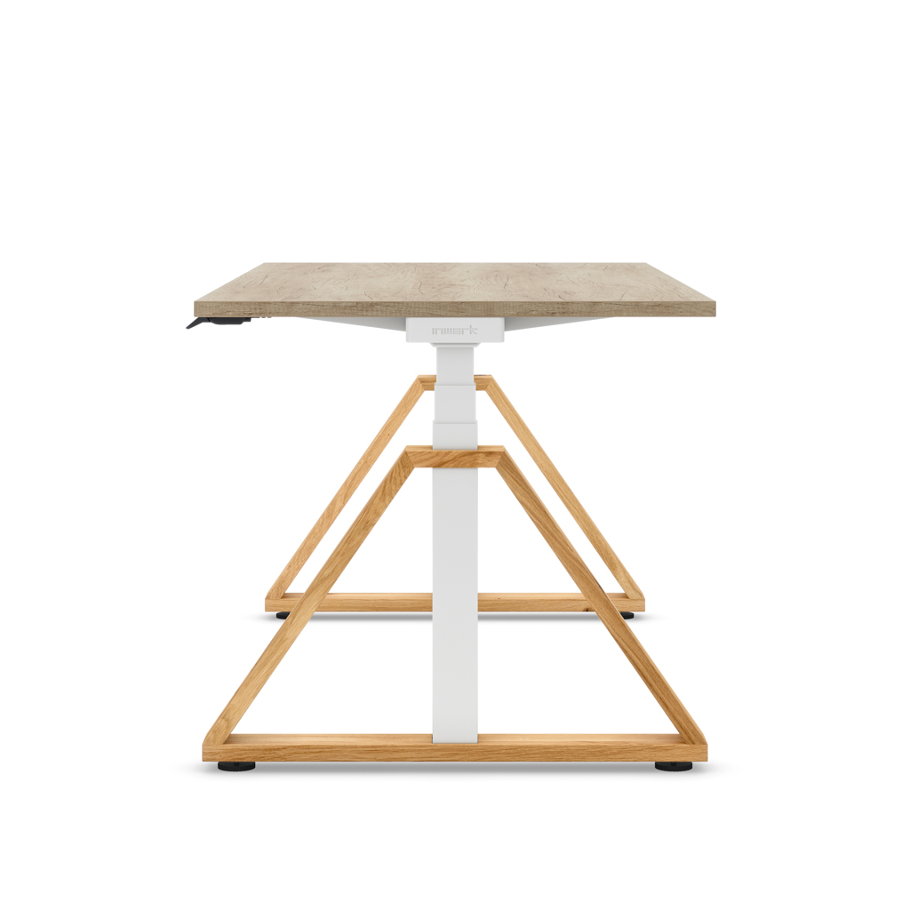 Höhenverstellbarer Schreibtisch Masterlift® Flex Loop-Edition, Holz Trapez, Eiche Dekor/Weiss 160x80