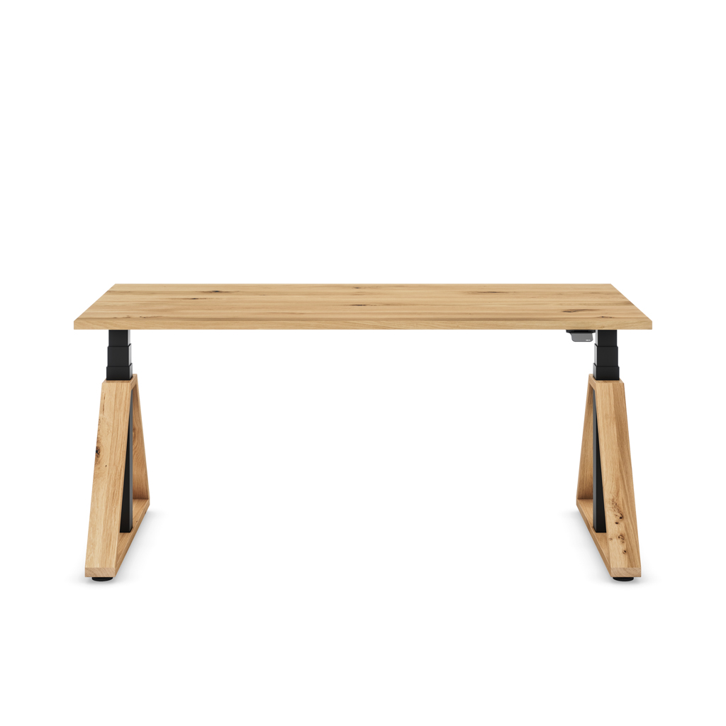 Höhenverstellbarer Schreibtisch Masterlift® Flex Loop-Edition, Holz Trapez, Eiche Massivholz/Schwarz 160x80