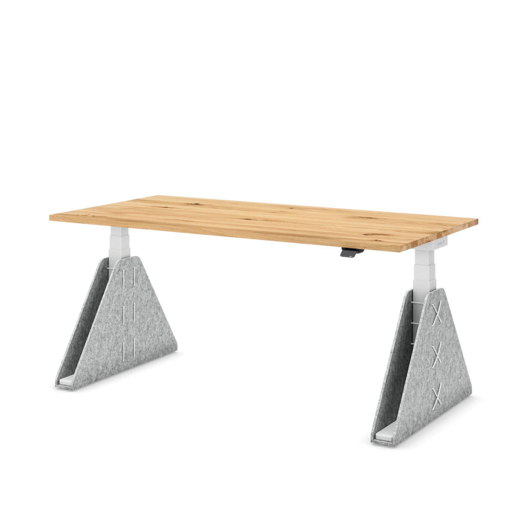 Höhenverstellbarer Schreibtisch Masterlift® Flex Akustix®-Edition, Trapez Hellgrau, Eiche Massivholz/Weiss 160x80