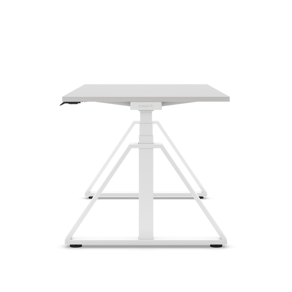 Höhenverstellbarer Schreibtisch Masterlift® Flex Loop-Edition, Stahl Trapez, Lichtgrau Dekor/Weiss 160x80